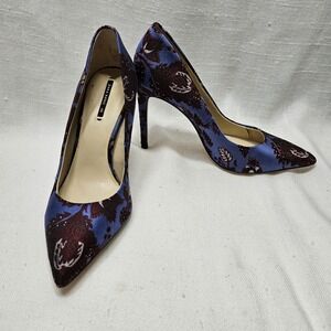 Zara Basic Stiletto Heels Womens 7.5 38 Blue Purple Floral Jacquard Pointed Pump